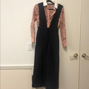 Self-Portrait Black Pinafore Jumpsuit with Blush Pink Printed Shirt